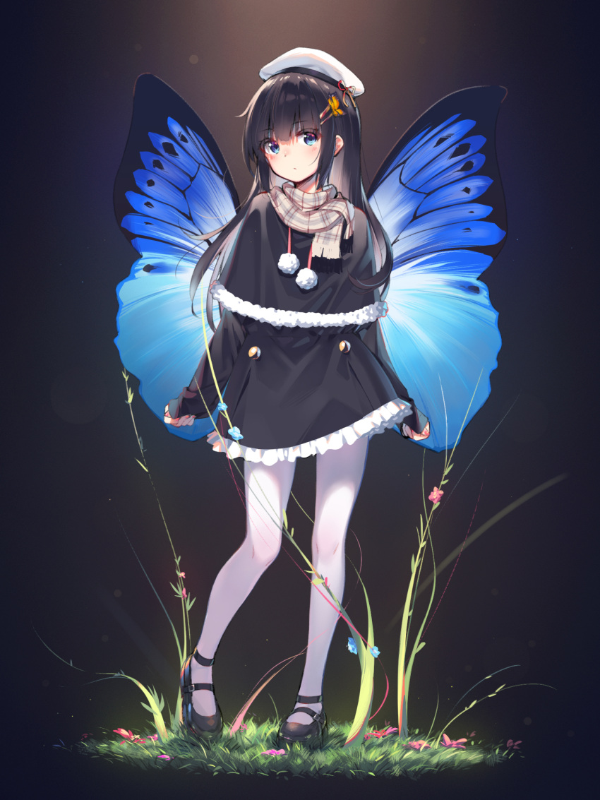 1girl bangs black_background black_dress black_footwear blue_eyes blunt_bangs butterfly_hair_ornament butterfly_wings capelet closed_mouth coffeiz_p dress flower full_body grass hair_ornament hat highres legs_apart light_blush light_particles light_rays long_hair long_sleeves looking_at_viewer original pantyhose plaid plaid_scarf sailor_hat scarf short_dress sidelocks sleeves_past_wrists solo standing straight_hair sunbeam sunlight white_legwear wings