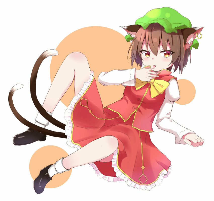 1girl :p absurdres animal_ear_fluff animal_ears bow bowtie brown_eyes brown_hair cat_ears cat_tail chen clip_studio_paint_(medium) commentary_request dress finger_licking full_body gold_trim hat highres iyo_(ya_na_kanji) jewelry juliet_sleeves licking light_blush long_sleeves mob_cap multiple_tails nekomata puffy_sleeves red_dress short_hair simple_background single_earring solo spread_legs tail tongue tongue_out touhou two_tails white_background yellow_neckwear