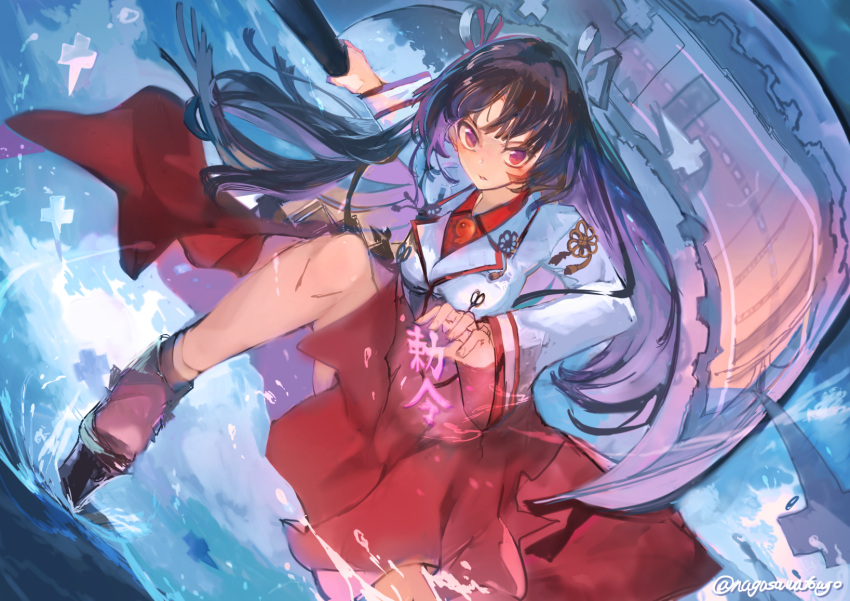 1girl bangs black_hair blouse breasts clouds day flight_deck hair_ribbon hakama highres hiyou_(kancolle) holding holding_scroll japanese_clothes kantai_collection long_hair long_sleeves magatama nagasawa_tougo onmyouji outdoors parted_lips red_hakama ribbon scroll shikigami sky solo twitter_username violet_eyes water