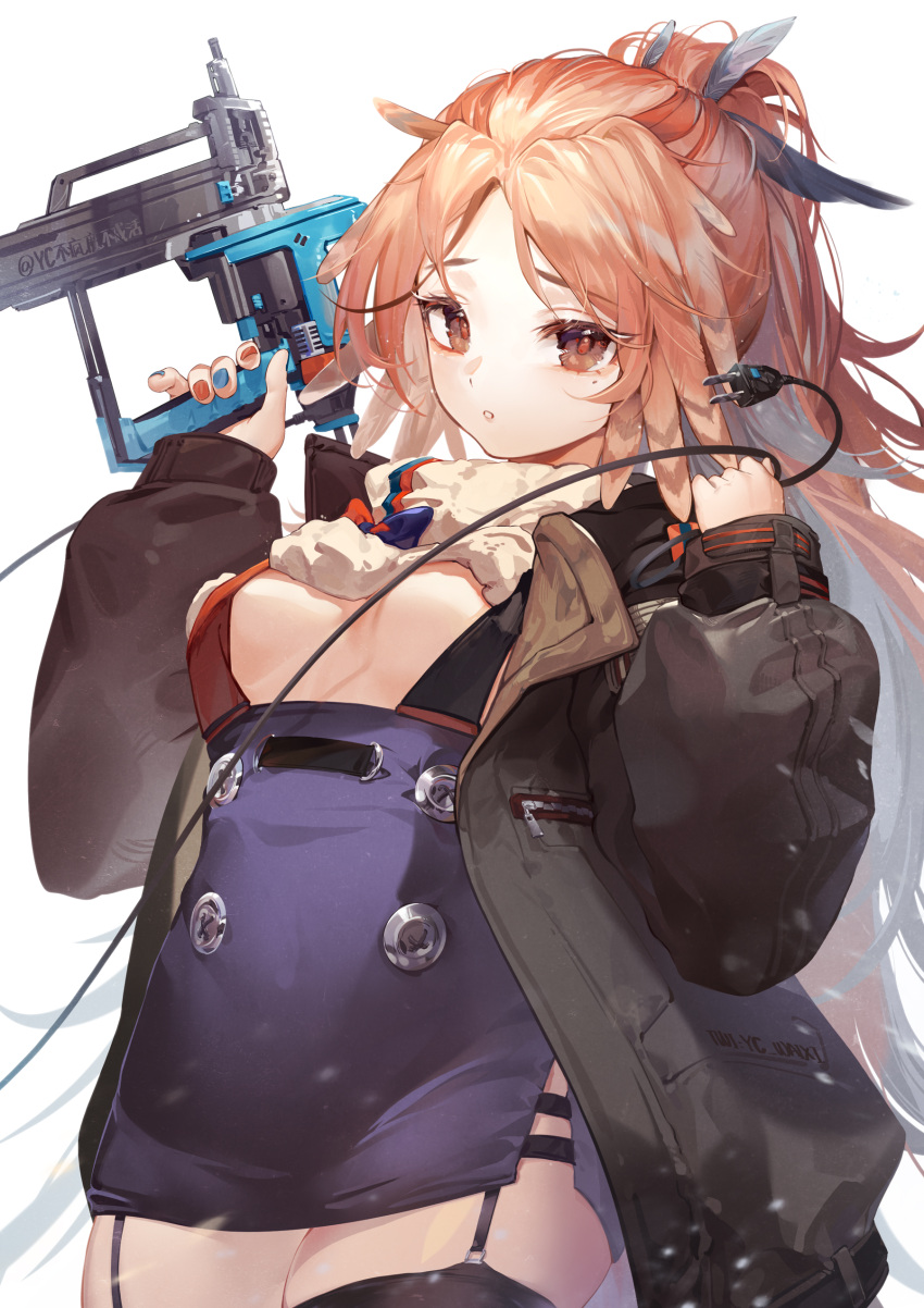 1girl absurdres aran_sweater arknights black_legwear blue_nails blue_skirt bow breasts brown_eyes brown_jacket buttons clothes_lift cowboy_shot feather_hair garter_straps gun hands_up highres holding holding_gun holding_weapon jacket light_brown_hair lingxia long_hair long_sleeves looking_at_viewer mole mole_under_eye multicolored multicolored_bow multicolored_nails nailgun open_clothes open_jacket orange_nails parted_lips pinecone_(arknights) ponytail power_cord simple_background skirt small_breasts solo suspender_skirt suspenders sweater sweater_lift thigh-highs weapon white_background