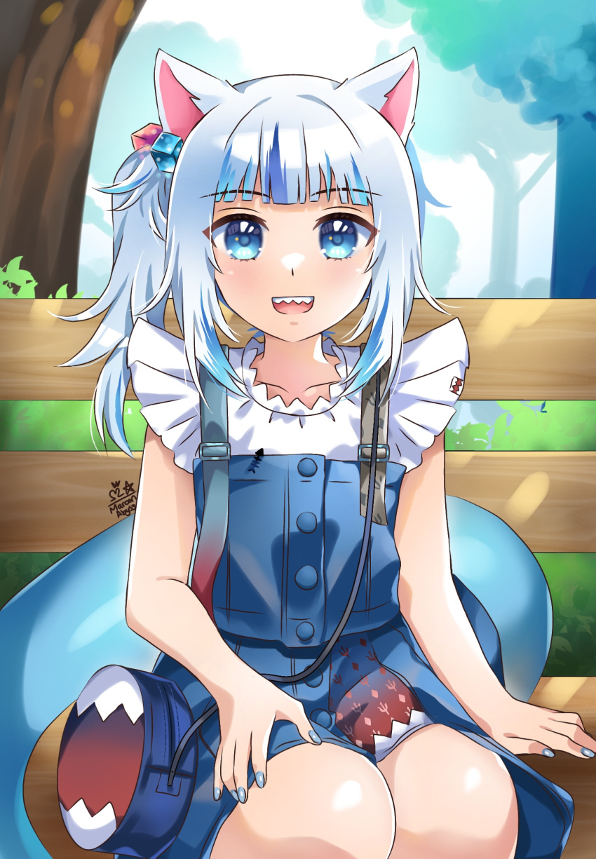 1girl animal_ears bangs blue_eyes blue_hair blunt_bangs cat_ears fish_tail gawr_gura highres hololive hololive_english looking_at_viewer maroonabyss medium_hair multicolored_hair shark_tail sharp_teeth silver_hair smile solo streaked_hair tail teeth two_side_up virtual_youtuber