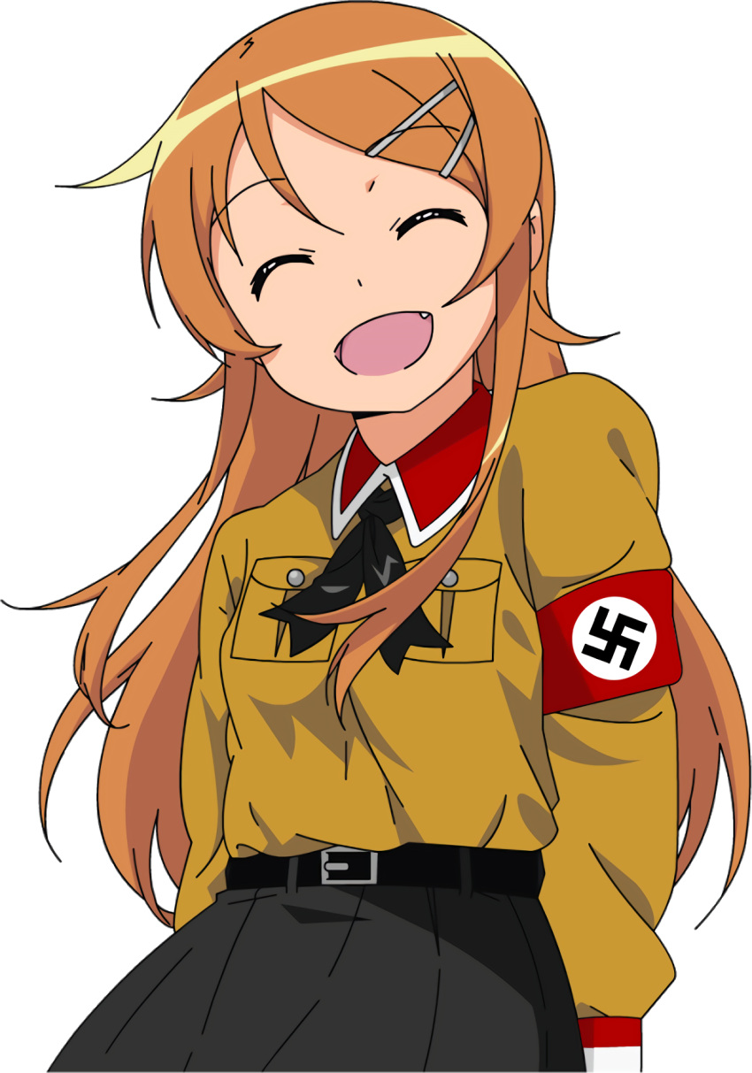 1girl artist_request belt belt_buckle bnka bow buckle closed_eyes fang hair_ornament hairpin highres kousaka_kirino long_hair nazi open_mouth ore_no_imouto_ga_konna_ni_kawaii_wake_ga_nai skirt swastika uniform