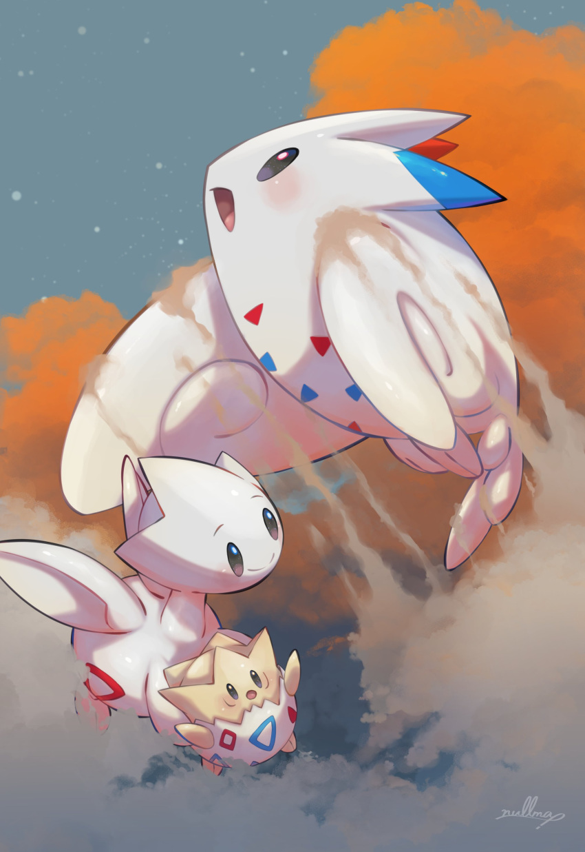 :d absurdres commentary_request evolutionary_line flying gen_2_pokemon gen_4_pokemon grey_eyes highres holding holding_pokemon no_humans nullma open_mouth pokemon pokemon_(creature) signature smile togekiss togepi togetic tongue