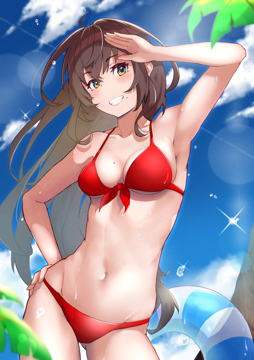 1girl absurdres ahoge akitoh-shino bikini blue_eyes blue_sky breasts brown_hair clouds commentary_request contrapposto cowboy_shot day front-tie_top grin groin hand_on_hip highres huge_filesize innertube long_hair looking_at_viewer lowleg lowleg_bikini mole mole_on_breast mole_under_mouth original outdoors palm_tree red_bikini salute sky smile solo standing swimsuit tree