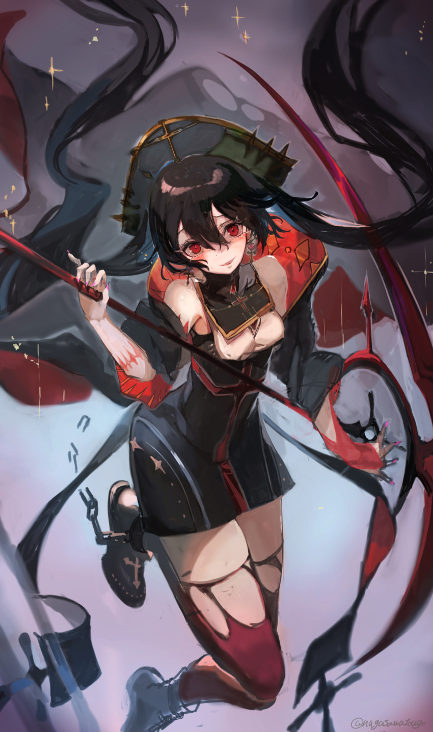 1girl bangs black_dress black_footwear black_headwear boots breasts cape commission cross cross_earrings detached_sleeves dress earrings highres holding holding_weapon jewelry long_hair looking_at_viewer medium_breasts nagasawa_tougo open_mouth original red_eyes red_legwear scar scythe solo thigh-highs torn_clothes torn_legwear twintails very_long_hair weapon