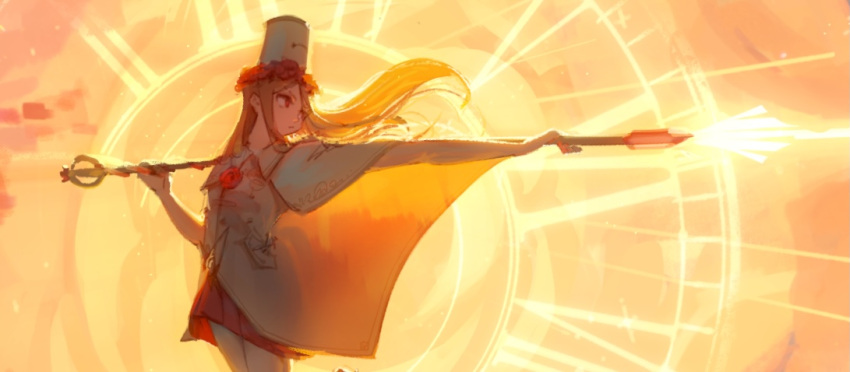1girl attack blonde_hair capelet clock closed_mouth cropped crystal eyebrows_visible_through_hair eyes_visible_through_hair flower hat holding holding_staff long_hair magic original red_eyes red_flower red_skirt roman_numeral skirt solo staff white_capelet white_headwear zeniyan