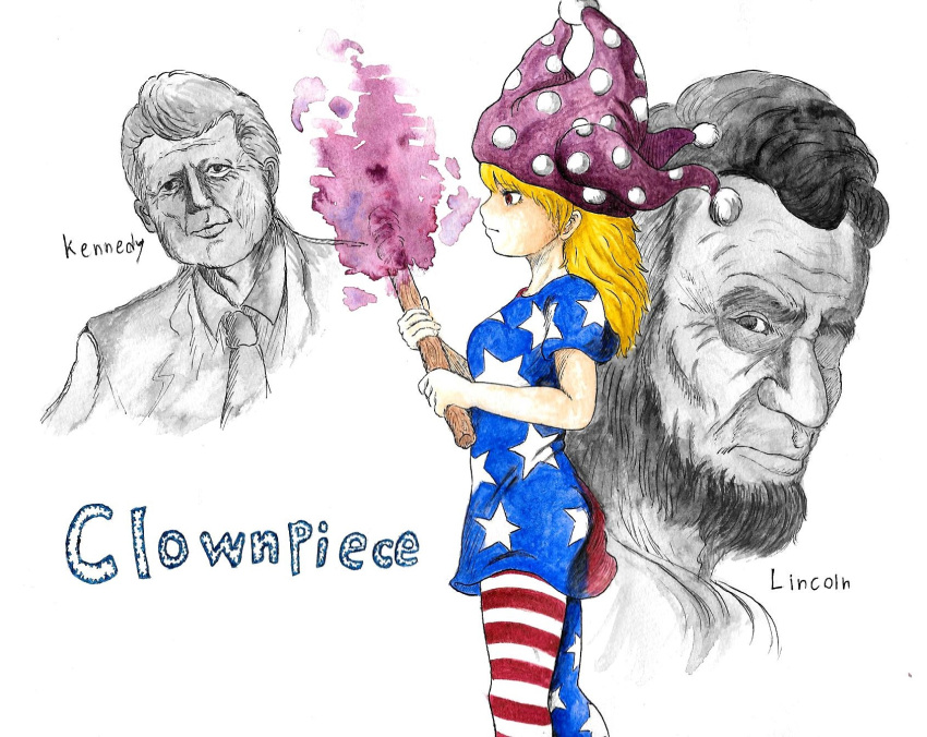 1girl 2boys abraham_lincoln american_flag_dress american_flag_legwear bangs beard blonde_hair breasts character_name closed_mouth clownpiece collared_shirt cowboy_shot crossover eyebrows_visible_through_hair facial_hair fire greyscale hat highres holding holding_torch imori_(46296895) jester_cap john_f._kennedy long_hair looking_at_viewer medium_breasts monochrome multiple_boys necktie pantyhose polka_dot real_life red_eyes shirt short_hair solo torch touhou upper_body