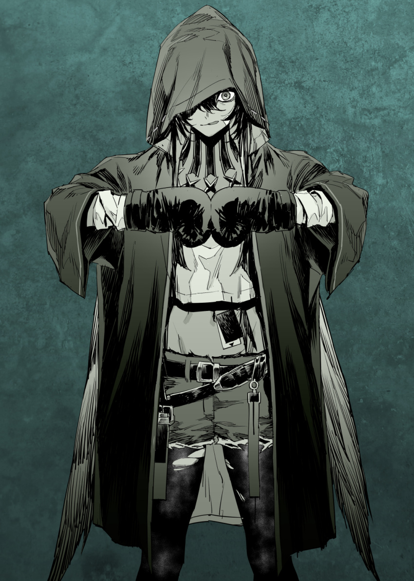 1girl arknights bandage_on_face bandages belt black_legwear boxing_gloves cloak crop_top dark-skinned_female dark_skin flint_(arknights) green_background green_theme highres hood hood_up hooded_cloak id_card kyo-ani_love long_hair midriff monochrome multiple_belts navel one_eye_covered pantyhose shorts solo star_(symbol) tongue tongue_out torn_clothes torn_legwear very_long_hair