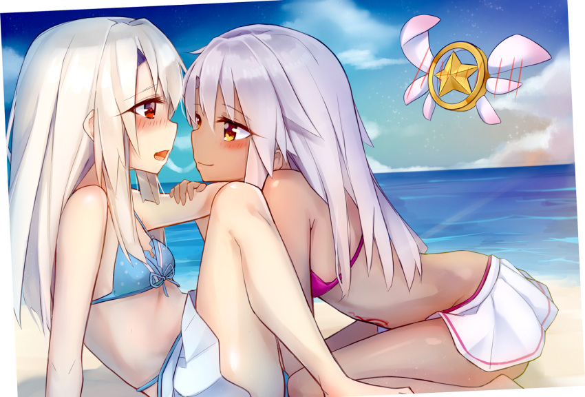 1other 2girls bangs barefoot beach bikini blush border chloe_von_einzbern closed_mouth clouds eyebrows_visible_through_hair fate/kaleid_liner_prisma_illya fate_(series) from_side green_eyes hair_between_eyes ikada_sora illyasviel_von_einzbern knees_up leaning_forward long_hair looking_at_another magical_ruby multiple_girls open_mouth outdoors pleated_skirt red_eyes sidelocks silver_hair skirt sky smile spaghetti_strap stomach_tattoo swimsuit tattoo thighs tongue water white_hair white_skirt