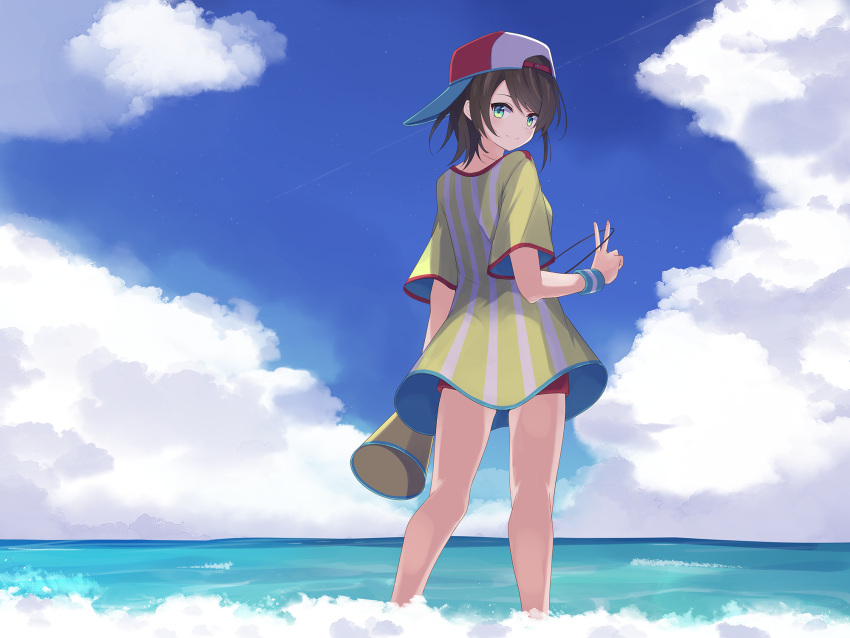 1girl aqua_eyes backwards_hat bangs baseball_cap blue_sky brown_hair closed_mouth feet_out_of_frame full_body green_eyes hat highres hololive kneepits looking_at_viewer looking_back loose_clothes loose_shirt megaphone miyaho_concon ocean oozora_subaru oversized_clothes oversized_shirt red_headwear red_shorts shirt short_hair shorts sky soaking_feet solo striped striped_shirt sweatband swept_bangs t-shirt two-tone_headwear v vertical-striped_shirt vertical_stripes virtual_youtuber white_headwear white_shirt wristband yellow_shirt