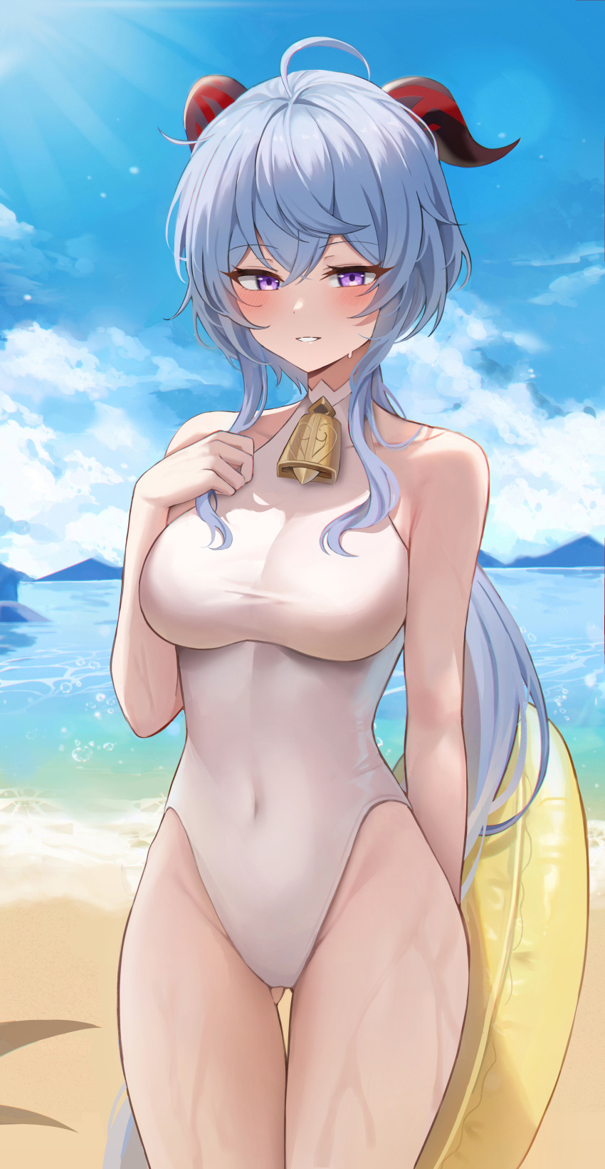 1girl absurdres ahoge bangs bare_arms bare_shoulders beach bell biya_(1024) blue_sky breasts casual_one-piece_swimsuit covered_navel day eyebrows_visible_through_hair flying_sweatdrops ganyu_(genshin_impact) genshin_impact hair_between_eyes hand_on_own_chest highleg highleg_swimsuit highres holding horns huge_filesize innertube long_hair looking_at_viewer low_ponytail medium_breasts mountainous_horizon ocean one-piece_swimsuit outdoors sky smile solo swimsuit thigh_gap thighs very_long_hair violet_eyes water