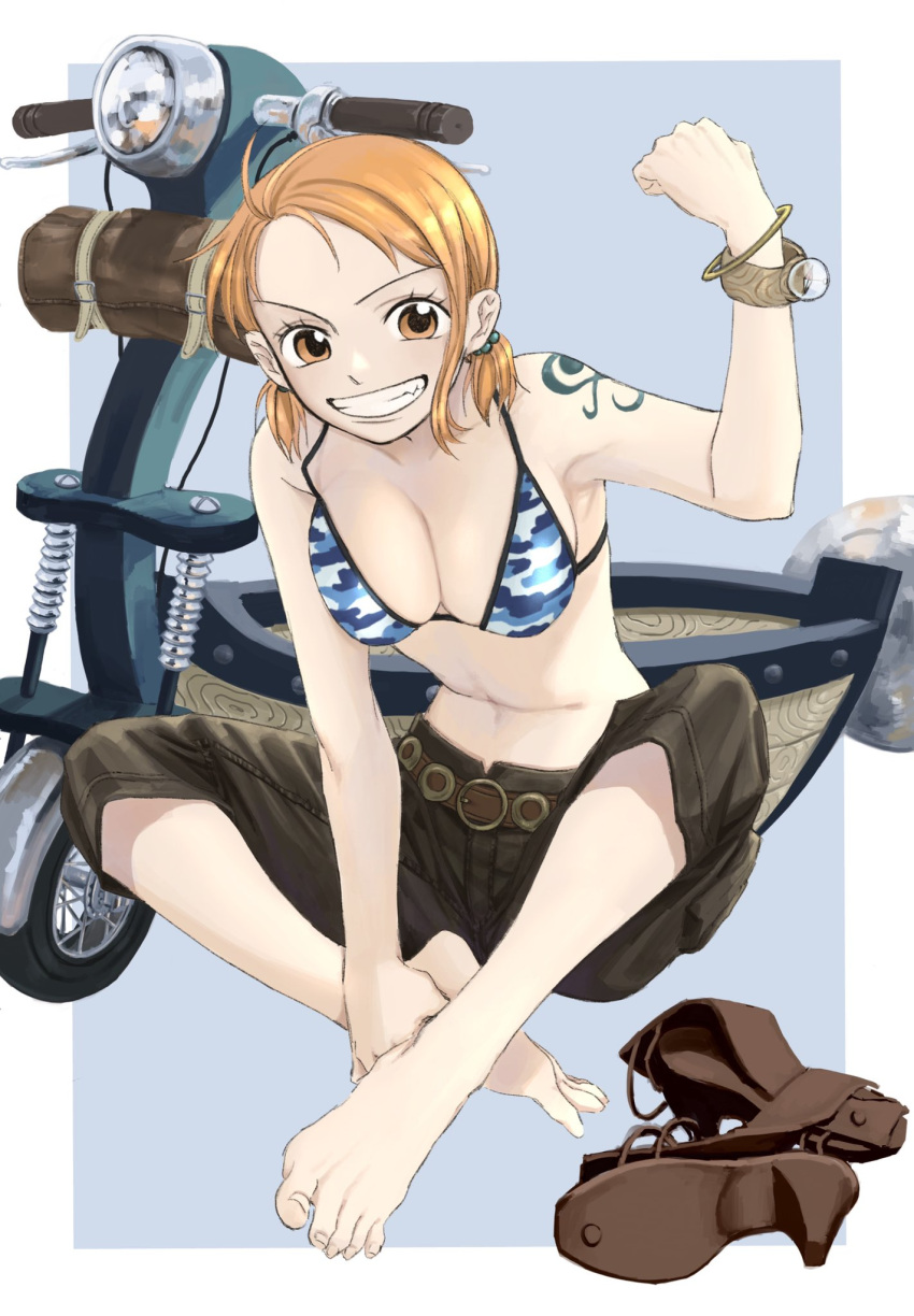 1girl 4myaku1 bare_arms bare_shoulders barefoot belt bikini bikini_top border breasts capri_pants fang feet_together footwear_removed full_body grin ground_vehicle hand_up highres knees_apart_feet_together leaning_forward log_pose looking_at_viewer medium_breasts medium_hair motor_vehicle motorcycle nami_(one_piece) one_piece orange_eyes orange_hair pants short_twintails shoulder_tattoo simple_background sitting smile solo stomach swimsuit tattoo toes twintails