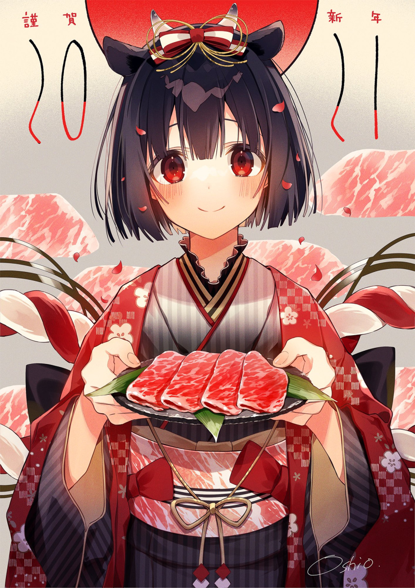 1girl 2021 animal_ears artist_name beef black_hair bow checkered cow_ears cow_horns floral_print hair_bow highres holding holding_plate horns japanese_clothes kimono obi original oshio_(dayo) petals plate red_eyes robe sash short_hair signature smile solo striped striped_kimono upper_body