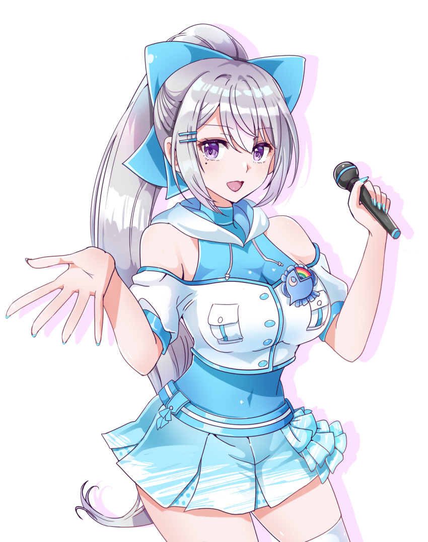 1041_(toshikazu) 1girl bangs blue_bow blue_nails blue_skirt bow covered_navel hair_behind_ear hair_bow hair_ornament hairclip highres higuchi_kaede holding holding_microphone hood long_hair looking_at_viewer microphone nail_polish nijisanji off_shoulder open_mouth ponytail silver_hair skirt smile solo thigh-highs very_long_hair violet_eyes virtual_youtuber