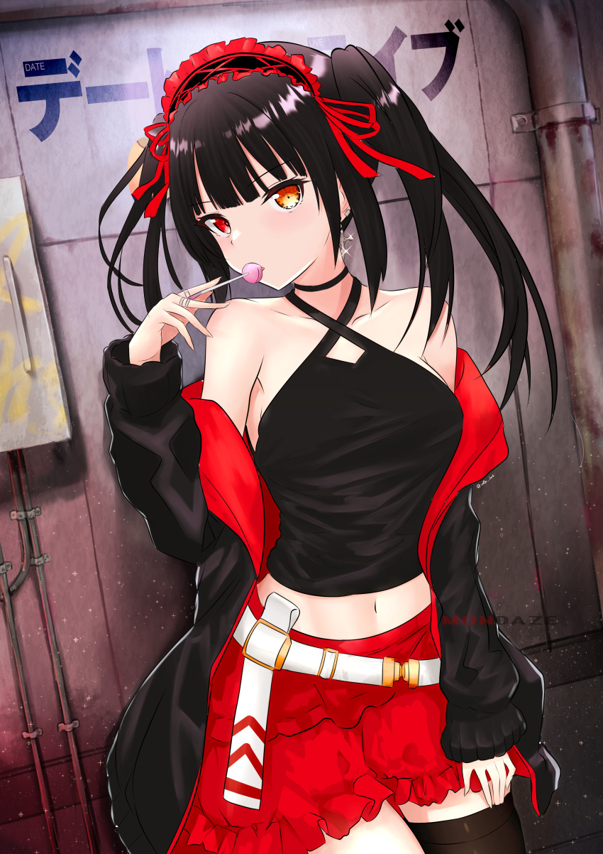 1girl absurdres artist_name bare_shoulders black_hair black_legwear candy choker clock_eyes commentary crop_top date_a_live earrings food hairband heterochromia highres holding holding_candy holding_food holding_lollipop huge_filesize jacket jewelry lolita_hairband lollipop looking_at_viewer mixed-language_commentary mondaze navel off_shoulder red_eyes ring shorts single_thighhigh solo symbol-shaped_pupils thigh-highs tokisaki_kurumi twintails uneven_twintails yellow_eyes