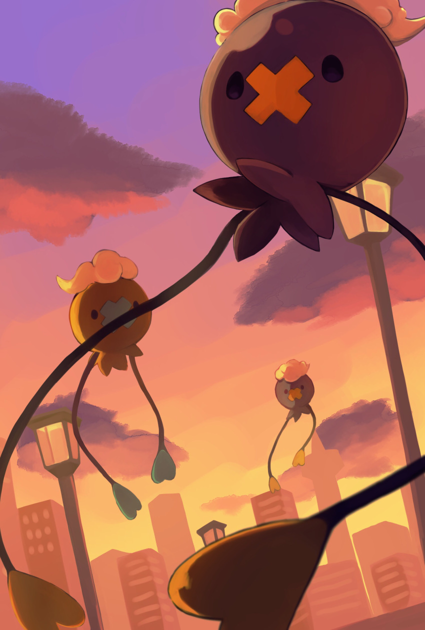 alternate_color banka_(200009813) black_eyes building clouds drifloon from_below gen_4_pokemon highres lamppost no_humans outdoors pokemon pokemon_(creature) shiny_pokemon sky symbol_commentary twilight