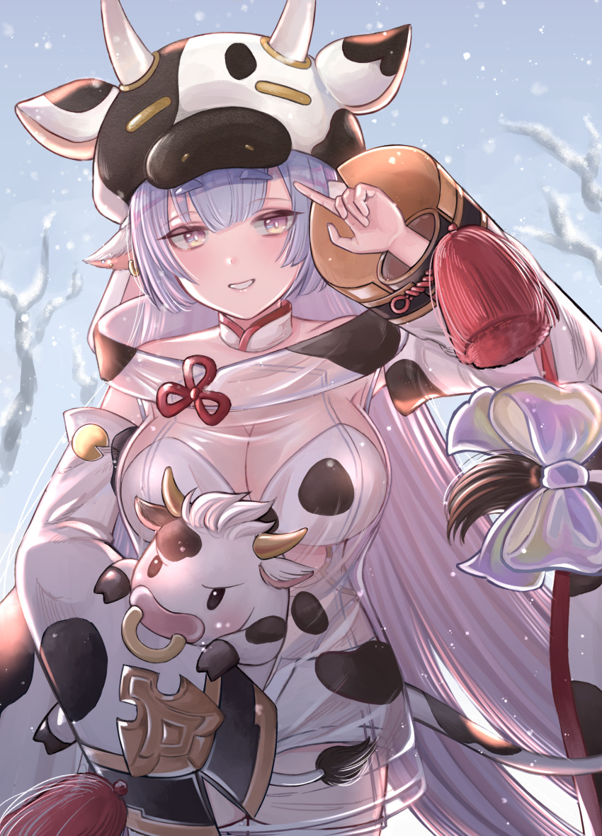 1girl absurdres animal animal_print blue_hair breasts commentary_request cow cow_hood cow_print detached_sleeves draph eyebrows_visible_through_hair granblue_fantasy highres holding holding_animal large_breasts long_hair multicolored_hair pink_eyes pink_hair revision shatola_(granblue_fantasy) sheer_clothes smile snow solo takanishi_takashi thick_eyebrows