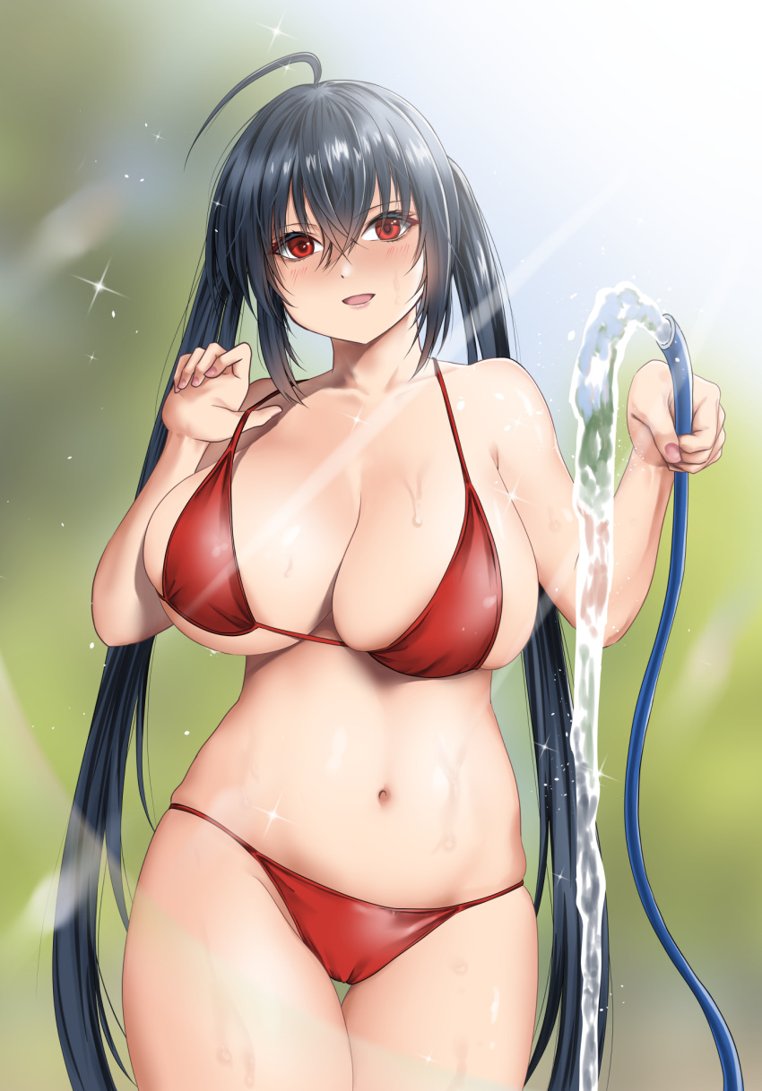 1girl alternate_costume azur_lane bikini black_hair breasts highres holding_hose hose huge_breasts long_hair proto_messiah pulled_by_self red_bikini red_eyes skindentation solo strap_pull swimsuit taihou_(azur_lane) thigh_gap twintails very_long_hair