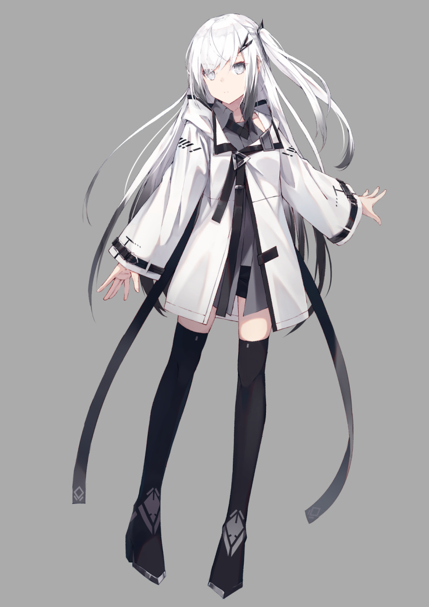 1girl allial_(coefont) black_legwear black_shorts closed_mouth coat coefont_studio grey_background grey_eyes hair_ornament hairclip highres hood hood_down hooded_coat long_hair long_sleeves looking_at_viewer micro_shorts nagishiro_mito one_side_up shorts simple_background solo thigh-highs white_coat white_hair