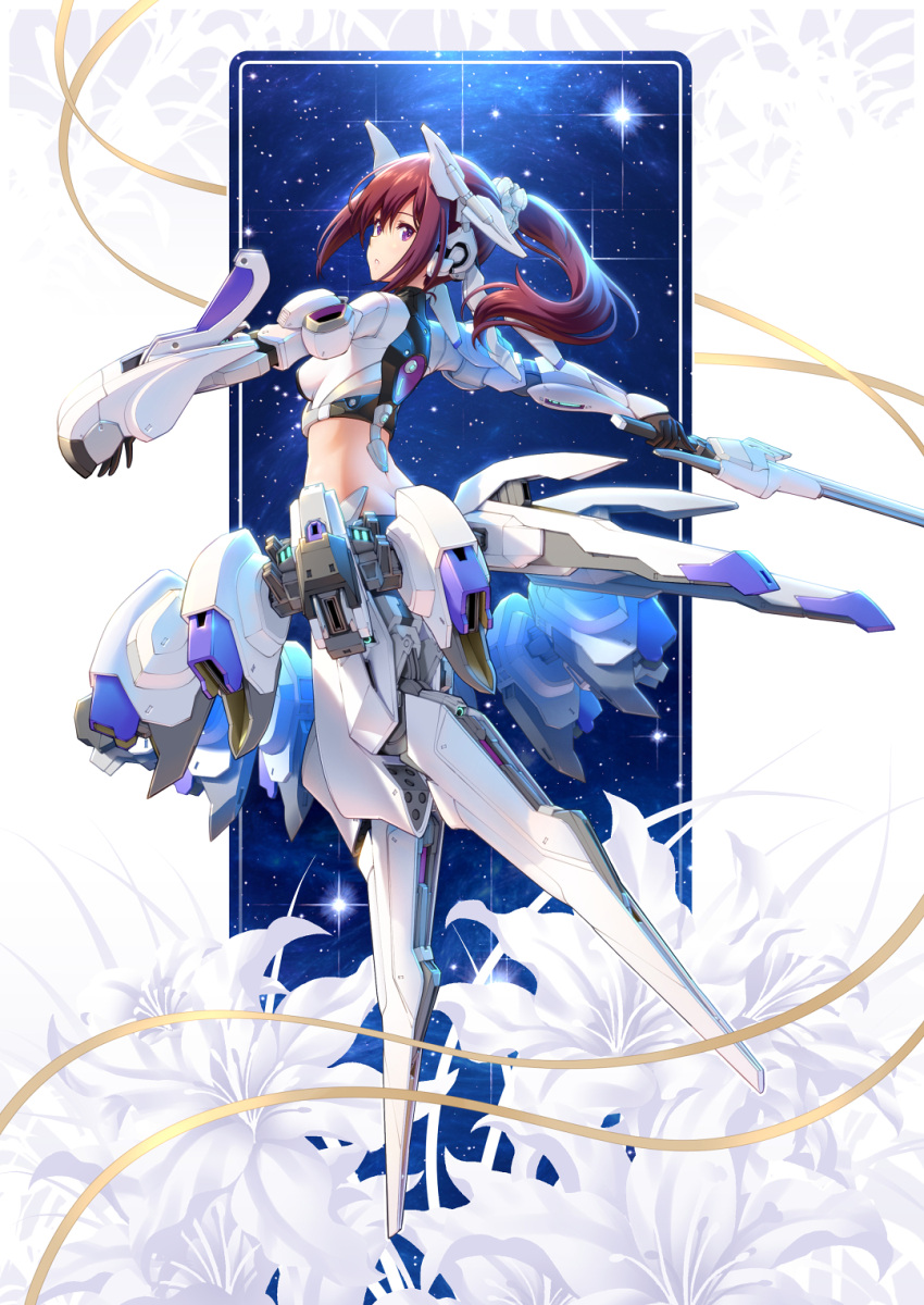 1girl alice_gear_aegis brown_hair eyebrows_behind_hair flower full_body highres holding holding_sword holding_weapon lily_(flower) looking_back mecha_musume mechanical_tutu night night_sky nikotama_mai pinakes sky solo star_(symbol) sword thrusters violet_eyes weapon