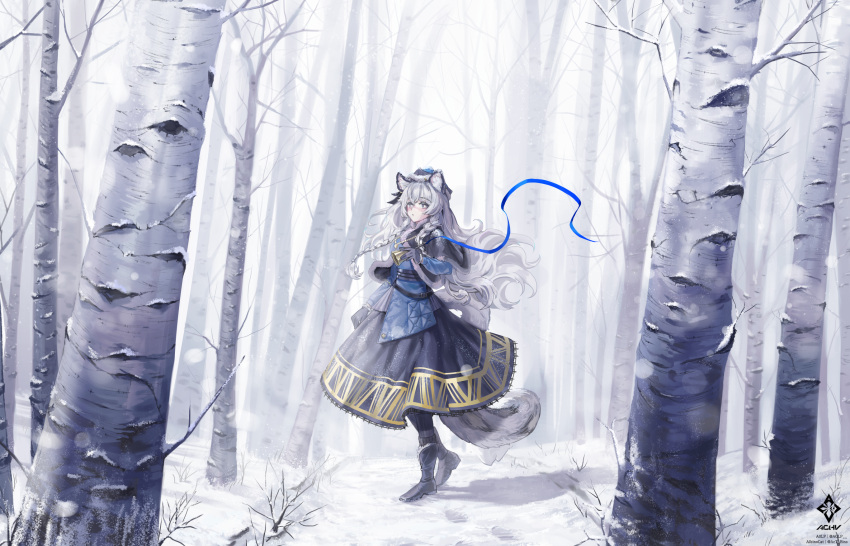 1girl a0lp animal_ears arknights bangs bell black_capelet black_footwear black_headwear blue_jacket blue_skirt boots capelet commentary_request eyebrows_visible_through_hair forest full_body fur-trimmed_capelet fur_trim grey_eyes hat highres holding holding_bell jacket korean_commentary leopard_ears leopard_girl leopard_tail long_hair long_sleeves looking_at_viewer medium_skirt nature pramanix_(arknights) silver_hair skirt snow solo tail tree very_long_hair