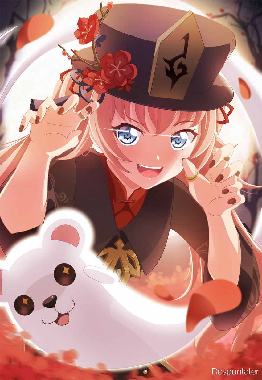 1girl :d artist_name bang_dream! bangs black_coat black_headwear black_nails blue_eyes blush chinese_clothes coat collared_coat collared_shirt cosplay despuntater eyebrows_visible_through_hair flower genshin_impact ghost ghost_pose glowing glowing_eyes hair_between_eyes hat hat_flower hat_ornament highres hu_tao_(genshin_impact) hu_tao_(genshin_impact)_(cosplay) jewelry long_hair long_sleeves looking_at_viewer michelle_(bang_dream!) multiple_rings nail_polish open_mouth plum_blossoms porkpie_hat red_flower red_shirt redhead ring shirt sidelocks smile solo_focus standing talisman tamade_chiyu tassel thumb_ring twintails upper_body upper_teeth