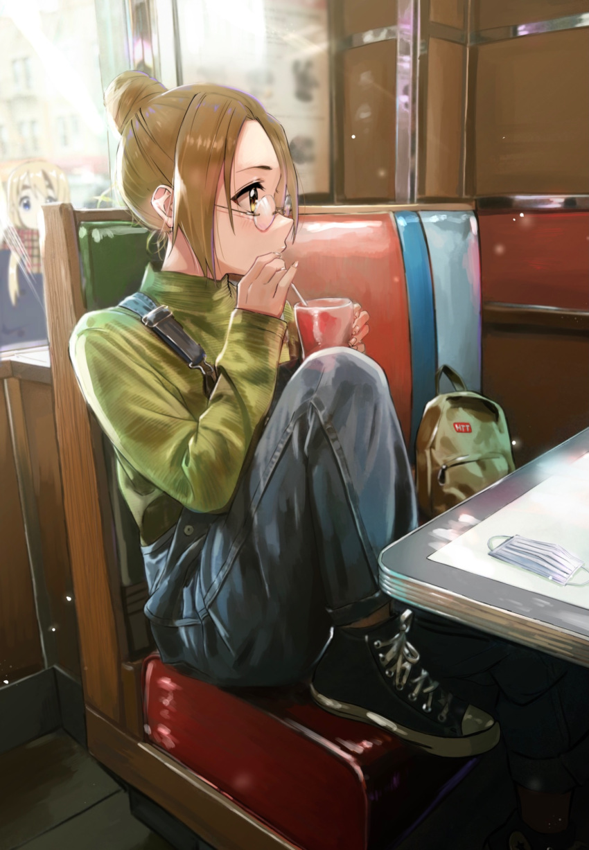 2girls backpack bag booth brown_hair commentary_request converse cup denim drinking_straw drinking_straw_in_mouth glasses green_shirt hair_bun highres k-on! knee_up kotobuki_tsumugi long_sleeves mask mask_removed multiple_girls overalls plaid plaid_scarf restaurant scarf shirt shoes short_hair sitting sneakers tainaka_ritsu verse