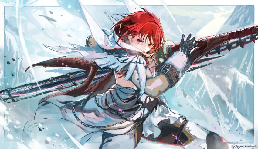1girl armor bangs black_gloves breath capelet chain fur_trim gloves highres holding holding_weapon hood hood_down long_sleeves monster_hunter:_world monster_hunter_(series) mountain nagasawa_tougo open_mouth pants pink_eyes redhead short_hair snow solo twitter_username weapon