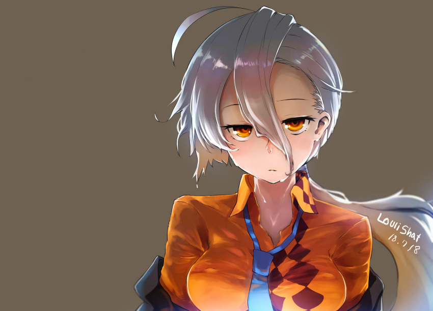 1girl ahoge artist_name black_jacket blue_neckwear collared_shirt dated girls_frontline hair_between_eyes highres jacket long_hair long_sleeves looking_at_viewer loose_necktie necktie off_shoulder official_alternate_costume open_collar pkp_(girls_frontline) ponytail shirt silver_hair solo sosan upper_body wet yellow_eyes yellow_shirt