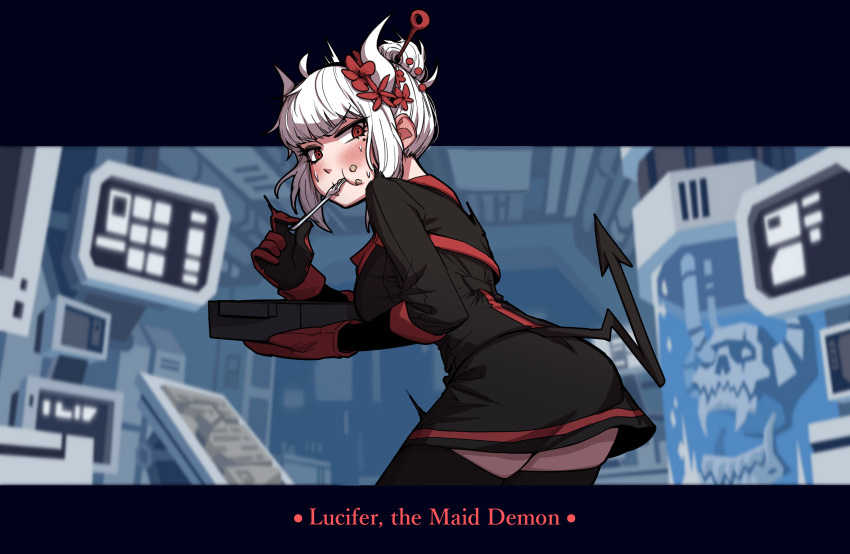 1girl absurdres ass bangs black_legwear blurry blurry_background blush breasts demon_girl demon_horns demon_tail eyebrows_visible_through_hair fangs flower food food_on_face fork from_side gigle gloves hair_flower hair_ornament hair_stick helltaker highres holding horns indoors looking_at_viewer lucifer_(helltaker) mittens mole mole_under_eye red_eyes red_flower red_gloves short_hair skindentation skull solo tail thigh-highs white_hair white_horns