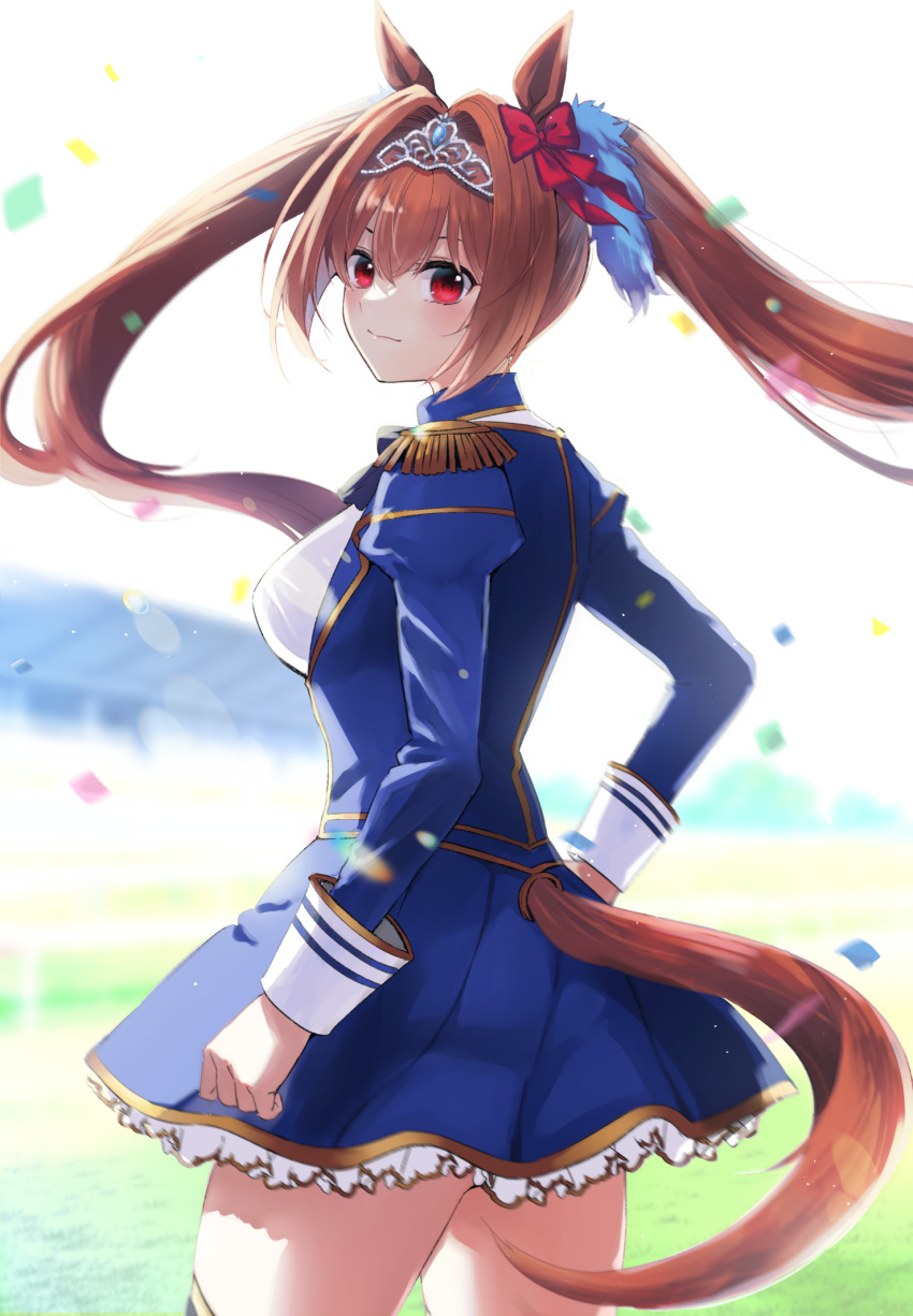 1girl animal_ears bangs blue_jacket blue_skirt blurry blurry_background blush bow breasts brown_hair closed_mouth commentary_request confetti daiwa_scarlet_(umamusume) day depth_of_field epaulettes eyebrows_behind_hair hair_between_eyes hair_bow hair_intakes highres horse_ears horse_girl horse_tail jacket juliet_sleeves large_breasts long_hair long_sleeves natsupa outdoors pleated_skirt puffy_sleeves red_bow red_eyes shirt skirt solo tail tiara twintails umamusume very_long_hair white_shirt