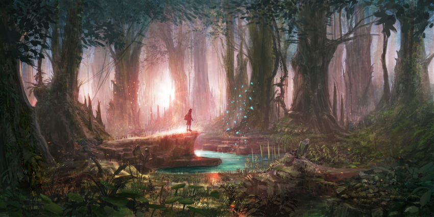 1other absurdres ambiguous_gender anoc backpack bag bandana_over_mouth commentary fantasy forest grass hat highres ledge long_coat nature original plant pond scenery shoes solo sunlight tree water