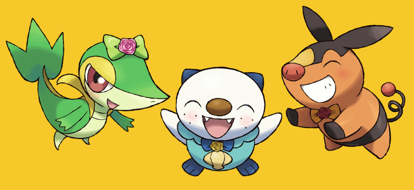 absurdres blush bow bowtie closed_eyes commentary_request fangs flower gen_5_pokemon grin highres ice_ground no_humans official_style open_mouth oshawott pink_flower pokemon pokemon_(creature) smile snivy tepig tongue |d