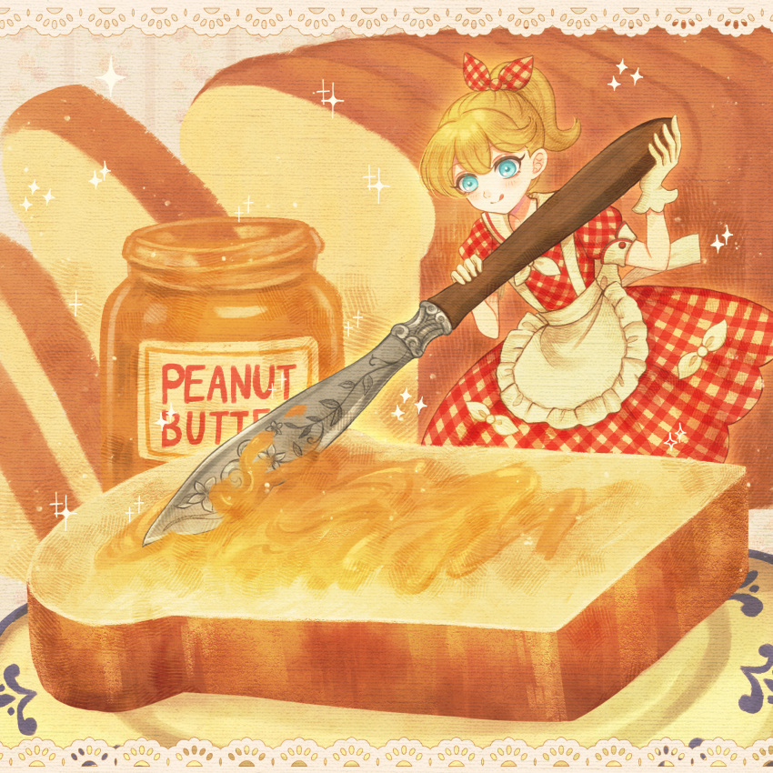 1girl apron blonde_hair blue_eyes bow bread dress dress_bow food food_focus gloves hair_bow highres holding holding_knife knife loaf_of_bread minigirl original peanut_butter plaid plaid_dress ponytail saigasai single_glove solo toast tongue tongue_out waist_apron