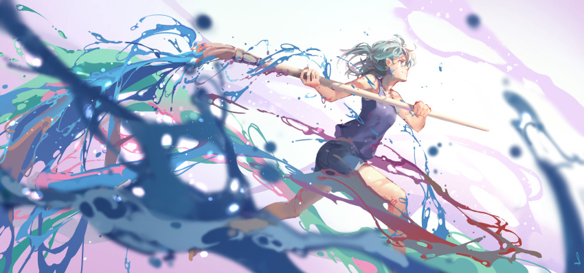 1girl absurdres bare_arms bare_shoulders black_shorts black_tank_top blue_eyes closed_mouth commentary english_commentary from_side green_hair highres holding holding_paintbrush looking_away original paint paintbrush profile shijohane short_shorts shorts smile solo tank_top