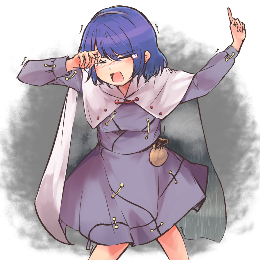 1girl blue_hair blush breasts cape cowboy_shot crying dress eyebrows_visible_through_hair ginnkei grey_cape grey_dress hairband highres open_mouth pointing pointing_up short_hair simple_background tenkyuu_chimata touhou two-tone_cape unconnected_marketeers white_cape