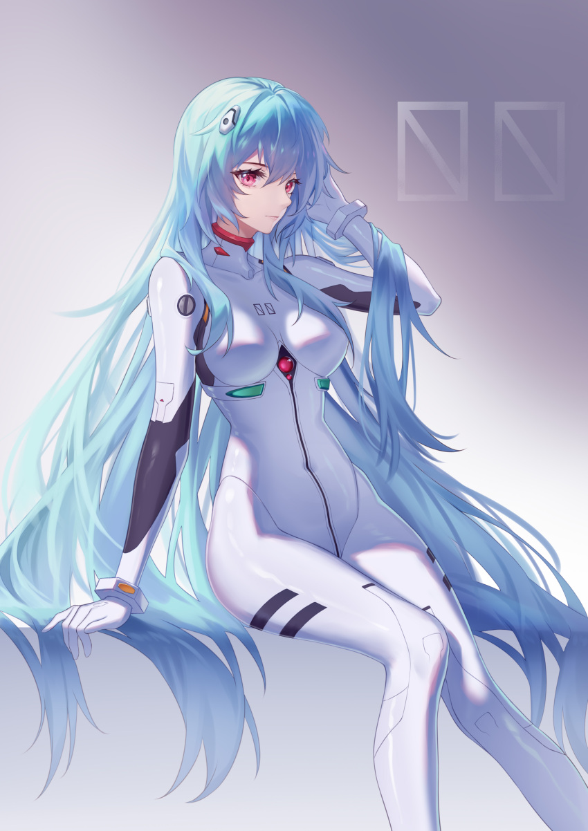 1girl absurdres alternate_hair_length alternate_hairstyle ayanami_rei blue_hair breasts closed_mouth commentary evangelion:_3.0+1.0_thrice_upon_a_time gradient gradient_background grey_background hair_between_eyes highres kirby_d_a long_hair looking_at_viewer medium_breasts neon_genesis_evangelion plugsuit rebuild_of_evangelion red_eyes revision sitting solo very_long_hair