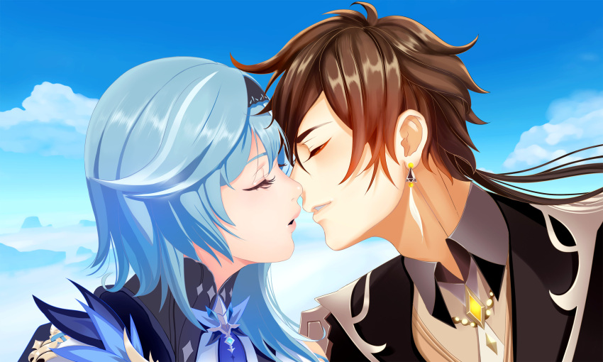 1boy 1girl black_hairband blue_hair brown_hair closed_eyes clouds cloudy_sky commentary couple day earrings english_commentary eula_(genshin_impact) genshin_impact gradient_hair hair_between_eyes hairband happyboynumber1 hetero highres imminent_kiss jewelry low_ponytail medium_hair multicolored_hair orange_hair single_earring sky tassel tassel_earrings upper_body zhongli_(genshin_impact)