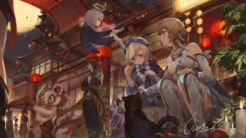3boys 6+girls absurdres animal animal_ears bangs bead_necklace beads black_cat black_pants blonde_hair blue_eyes blue_headwear breasts brown_coat brown_eyes brown_hair cat chinese_commentary city closed_eyes coat commentary_request crossed_arms cup dress drinking floating_hair genshin_impact hair_cones halo hand_on_own_knee hat highres holding holding_cup jewelry keqing_(genshin_impact) long_hair looking_at_another looking_away lumine_(genshin_impact) moon multiple_boys multiple_girls mushi_c_jun necklace night outdoors paimon_(genshin_impact) pants paw_pose purple_dress qing_guanmao qiqi_(genshin_impact) short_hair signature sitting standing starry_sky_print teacup thigh-highs twintails very_long_hair violet_eyes white_dress white_legwear zhongli_(genshin_impact)