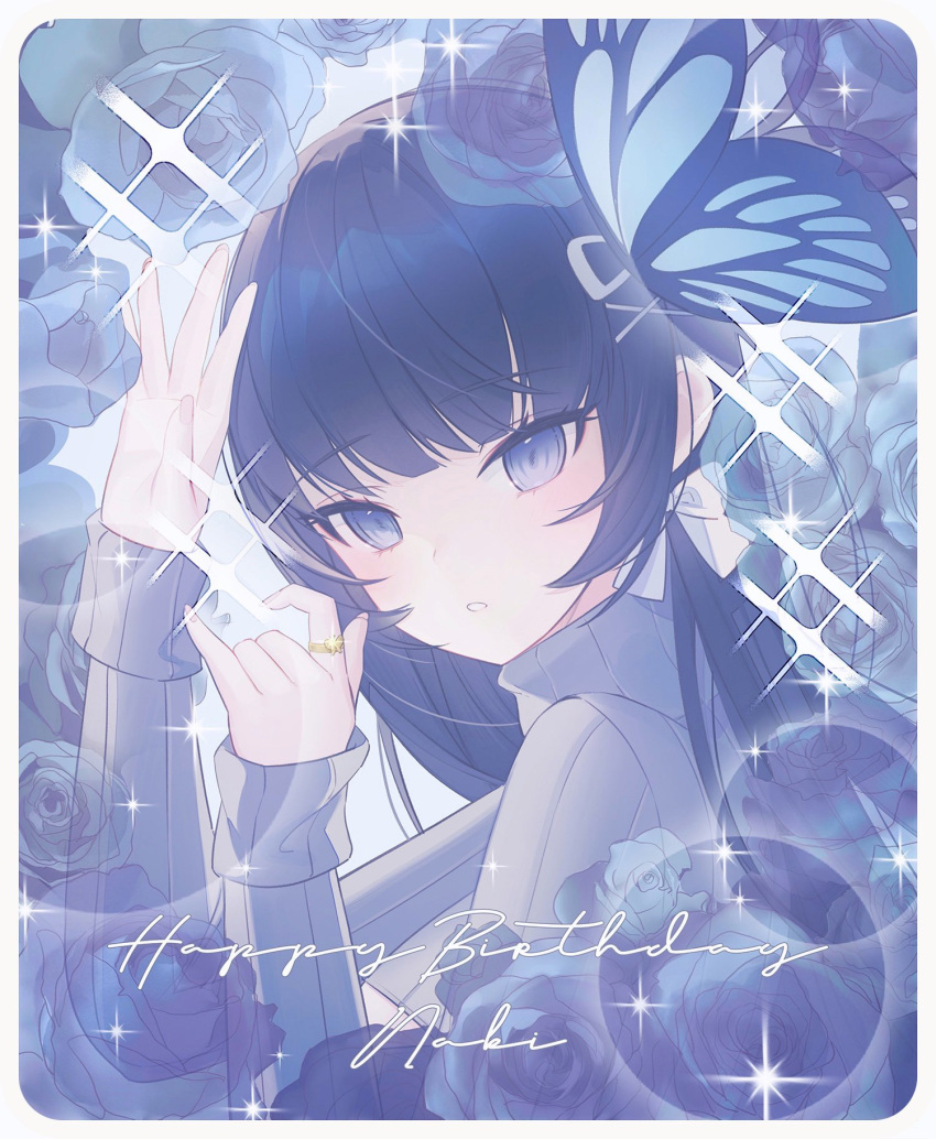 1girl :o \m/ aoi_nabi bangs black_hair blue_eyes blue_flower blue_rose butterfly_hair_ornament eyebrows_visible_through_hair flower from_side hair_behind_ear hair_ornament happy_birthday highres indie_virtual_youtuber jewelry light_blush looking_at_viewer open_hand parted_lips ring rose shiny snow_is solo virtual_youtuber