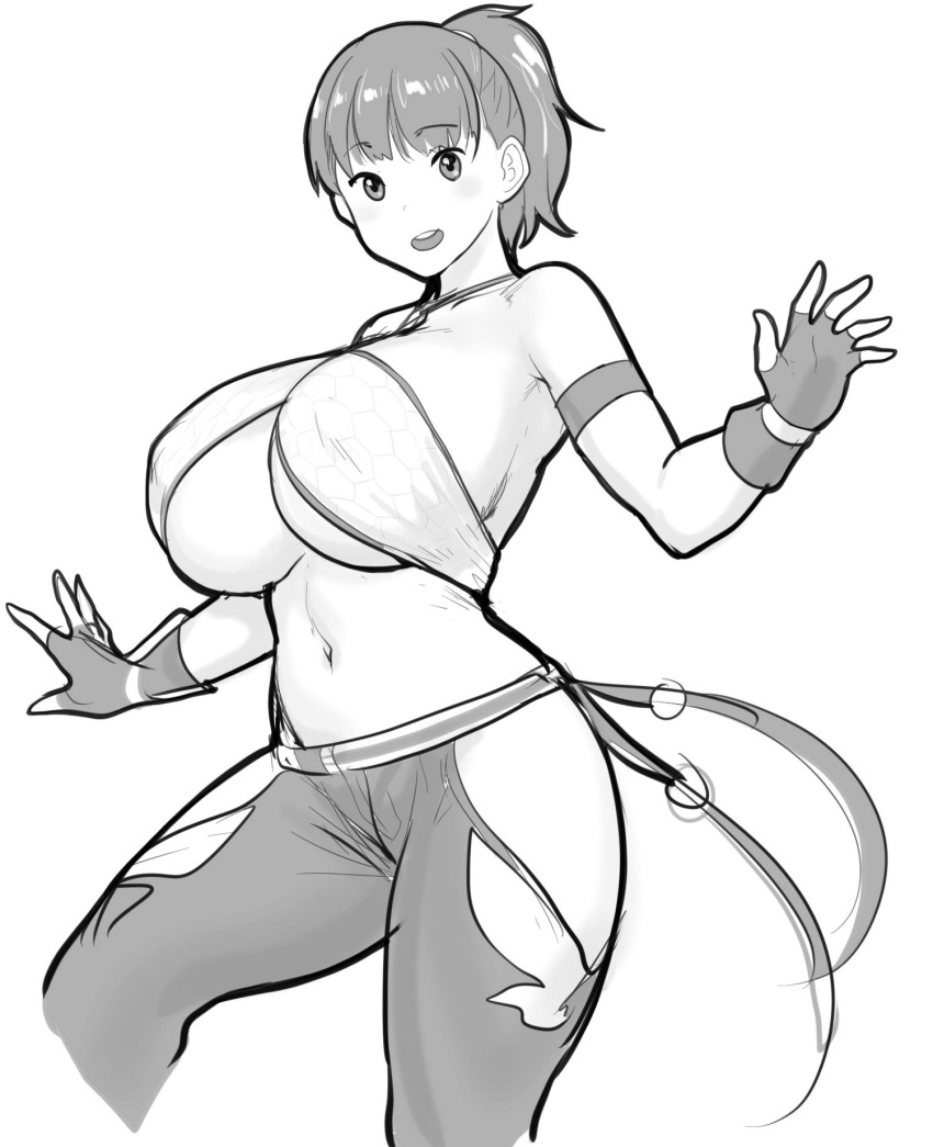 1girl breasts christie_monteiro christie_monteiro_(cosplay) cosplay erkaz eyebrows_visible_through_hair fingerless_gloves gloves halter_top halterneck highres huge_breasts looking_at_viewer midriff monochrome original pants ponytail rina_atherina smile standing tekken thighs torn_clothes torn_pants under_boob