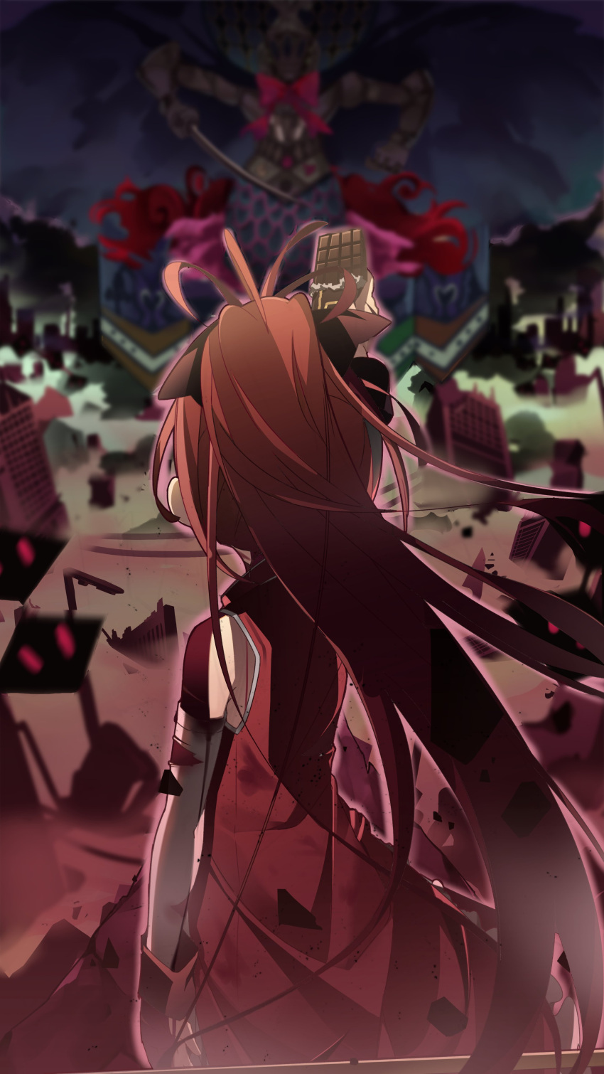 1girl absurdres arm_at_side black_ribbon blood blood_trail bloody_clothes blueodh blurry blurry_background building candy candy_wrapper chocolate chocolate_bar cuts debris destruction detached_sleeves food from_behind hair_ribbon high_ponytail highres holding holding_food injury long_hair mahou_shoujo_madoka_magica oktavia_von_seckendorff outstretched_arm ponytail redhead ribbon sakura_kyouko sleeveless solo_focus torn_clothes torn_sleeves witch_(madoka_magica)