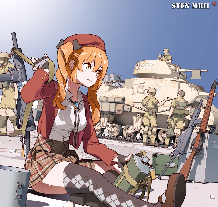 1girl 4boys absurdres argyle asymmetrical_legwear beret black_gloves breasts british canteen circle_a collared_shirt commentary_request fingerless_gloves girls_frontline gloves grifon_&amp;_kryuger ground_vehicle gun hair_between_eyes hat highres jacket lee-enfield long_hair long_sleeves m3_grant medium_breasts military military_uniform military_vehicle motor_vehicle multiple_boys orange_eyes orange_hair outdoors plaid plaid_skirt red_headwear red_jacket rifle shirt sitting skirt sky sling socks soldier sten_gun sten_mk2_(girls_frontline) submachine_gun sweat tank thigh-highs twintails uniform weapon white_shirt