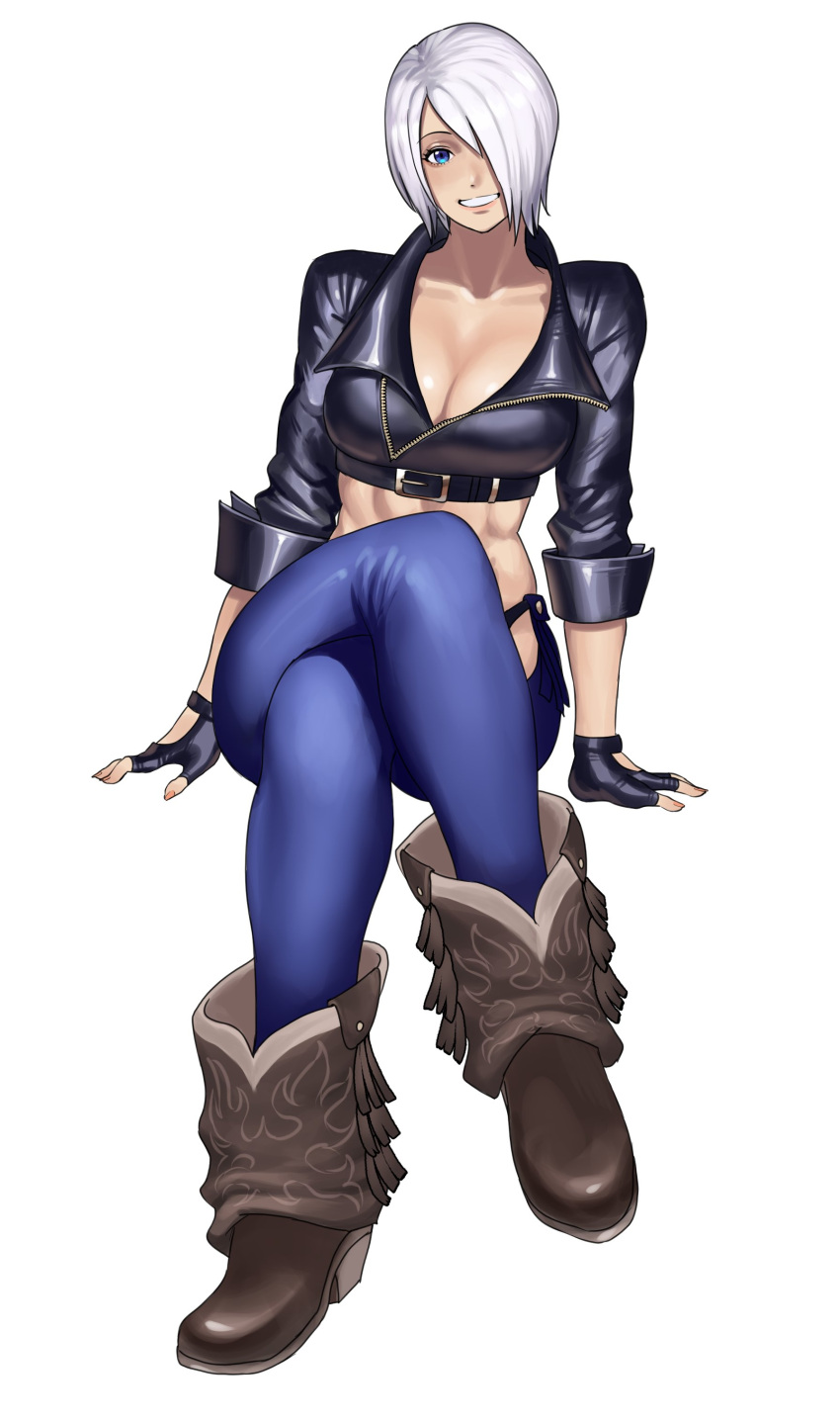 1girl abs absurdres angel_(kof) black_gloves blue_eyes blue_pants boots breasts brown_footwear chaps commission cowboy_boots crop_top cropped_jacket fingerless_gloves full_body gloves hair_over_one_eye hanny_(uirusu_chan) highres invisible_chair jacket large_breasts leather leather_jacket midriff pants short_hair silver_hair sitting sleeves_rolled_up solo tassel the_king_of_fighters unzipped