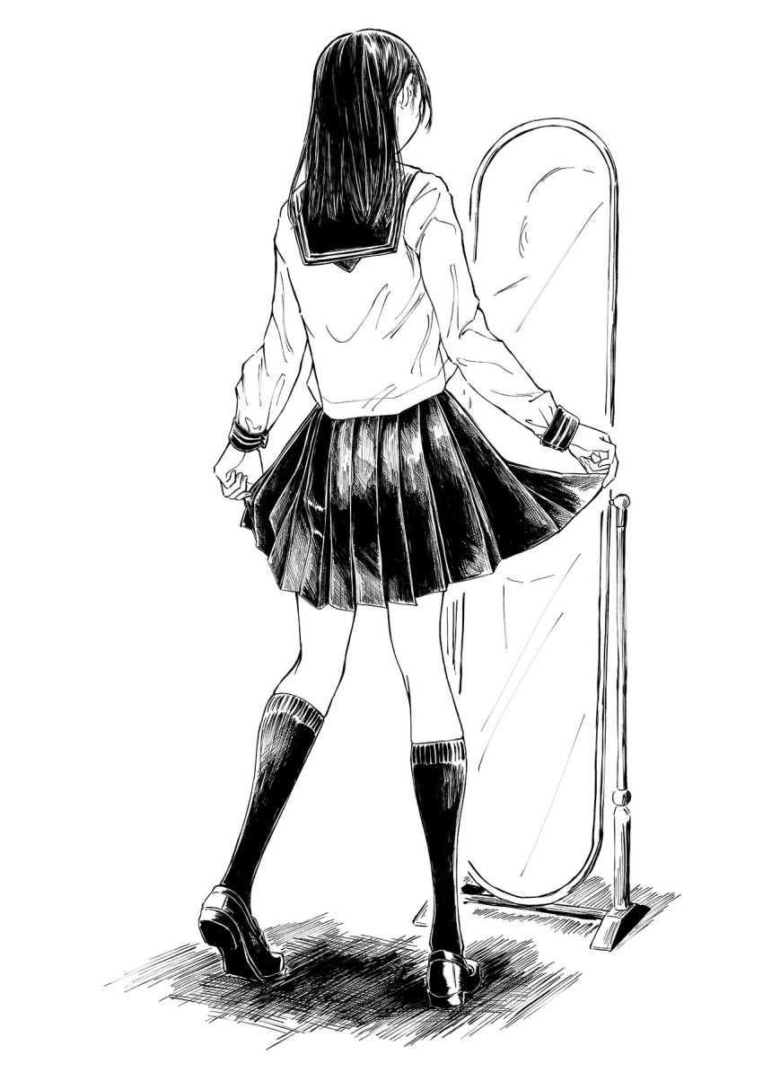 1girl commentary_request facing_away from_behind full_body greyscale highres hiwatari_rin loafers long_hair long_sleeves mirror monochrome original pleated_skirt school_uniform serafuku shirt shoes skirt skirt_hold socks solo white_background