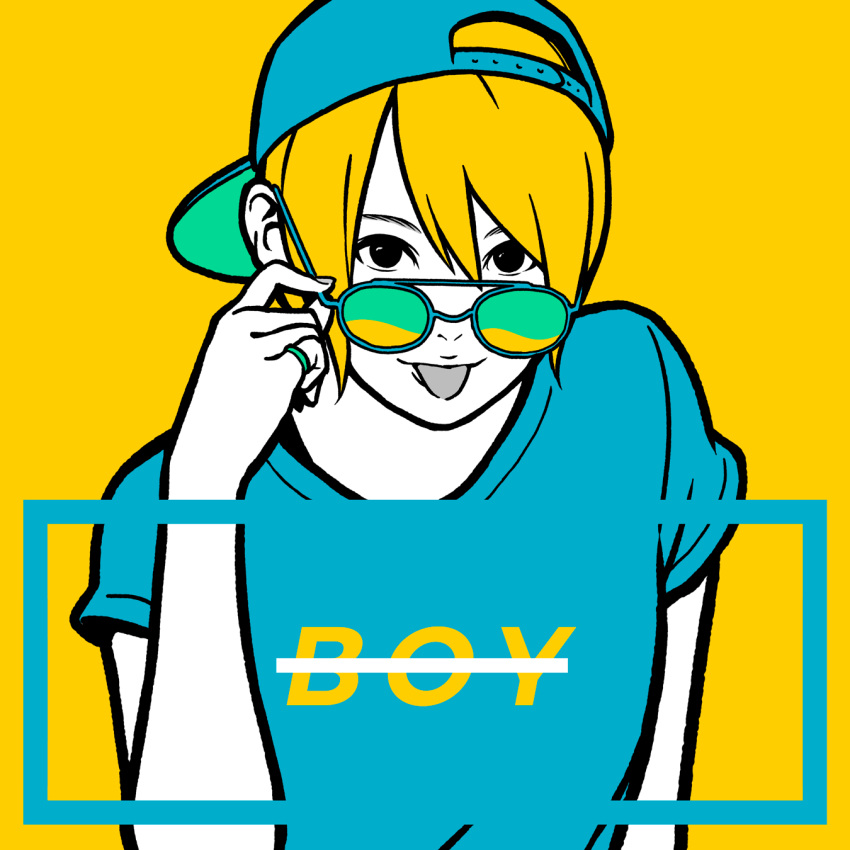 1girl backwards_hat baseball_cap black_eyes blonde_hair blue_headwear blue_shirt eyewear_pull flat_color grey_nails hair_between_eyes hat highres jewelry looking_at_viewer original print_shirt ring shirt short_hair short_sleeves simple_background solo tomboy yellow_background yoshi_mi_yoshi