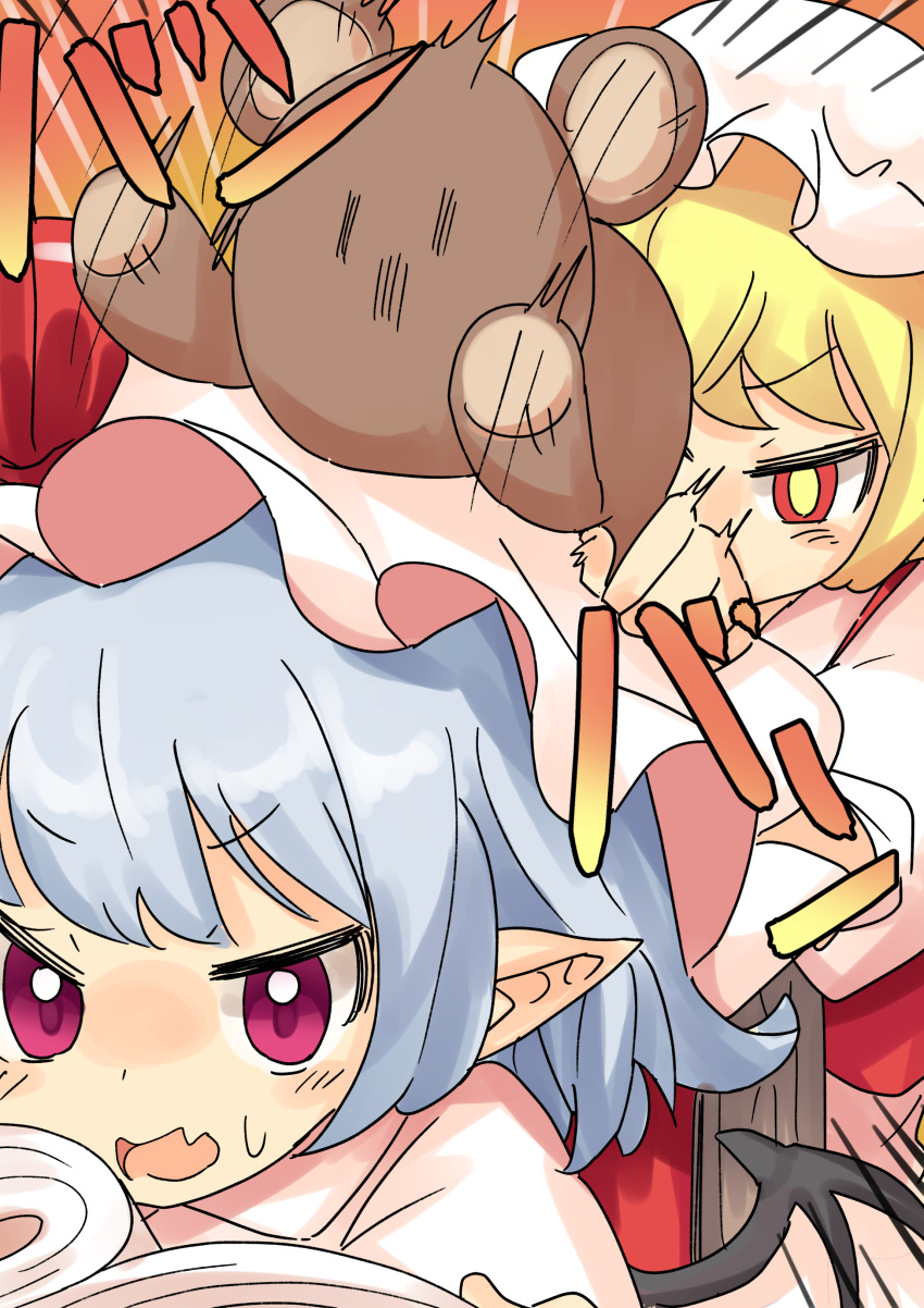 2girls absurdres bat_wings blonde_hair blue_hair book commentary_request emphasis_lines fang flandre_scarlet hat hat_ribbon highres hitting holding holding_stuffed_toy mob_cap multiple_girls on_chair open_mouth pointy_ears reading red_eyes remilia_scarlet ribbon siblings sisters sitting skin_fang stuffed_animal stuffed_toy teddy_bear touhou upper_body usayoshi_(touhopu2) white_headwear wings