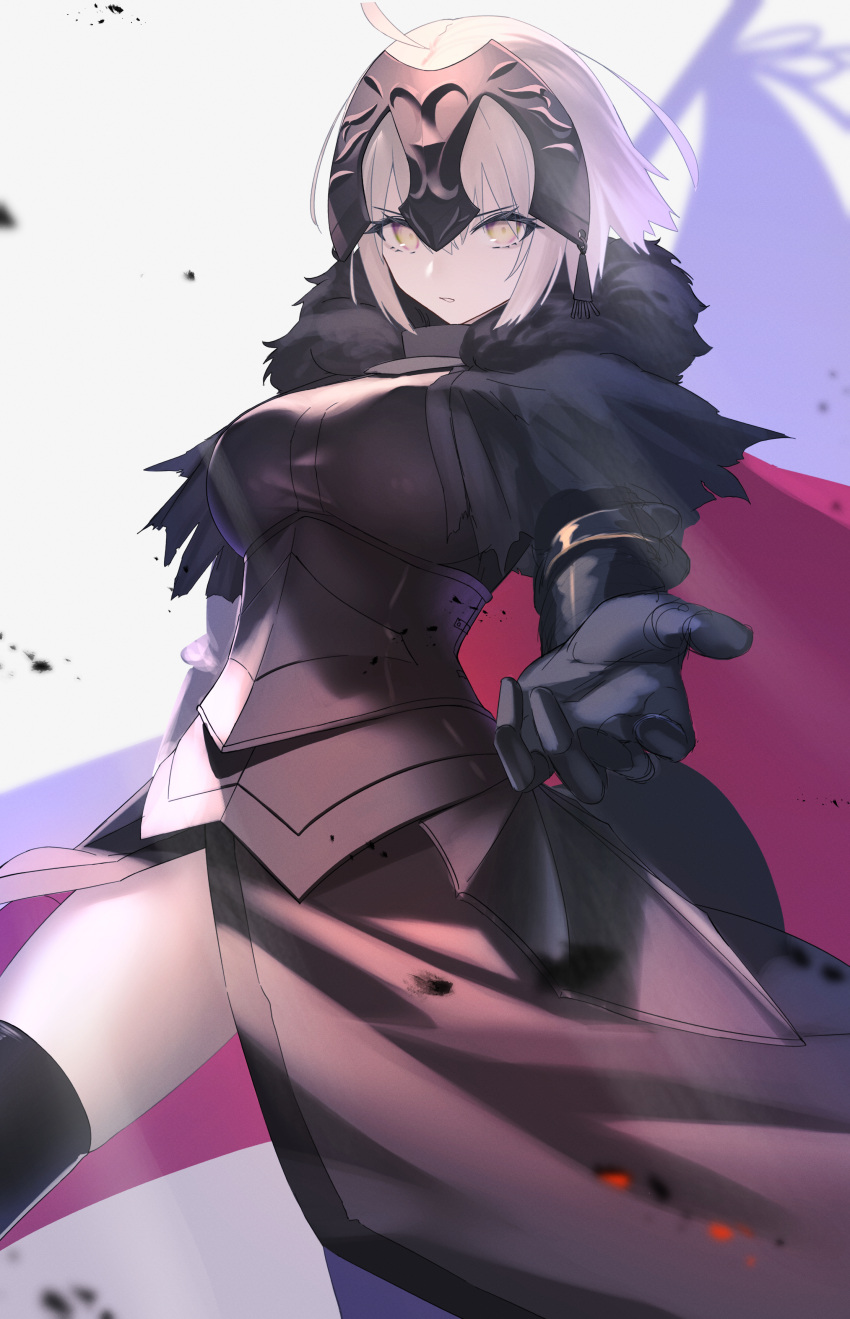 1girl absurdres armor armored_dress banner black_dress black_legwear breasts celeryma dress eyebrows_visible_through_hair fate/grand_order fate_(series) faulds gauntlets headpiece highres jeanne_d'arc_(alter)_(fate) jeanne_d'arc_(fate)_(all) large_breasts looking_at_viewer short_hair side_slit silver_hair solo thigh-highs yellow_eyes