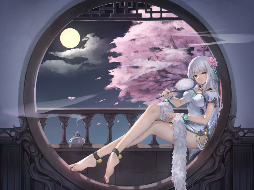 1girl ankle_bell anklet bangs bare_legs barefoot bell breasts china_dress chinese_clothes commentary_request dress eyebrows_visible_through_hair fan feather_boa feet flower full_body full_moon hair_ornament highres holding holding_fan indoors jewelry jingle_bell large_breasts legs long_hair looking_at_viewer miso_(b7669726) moon night original pink_flower short_sleeves sitting smile solo toes very_long_hair white_dress white_hair yellow_eyes