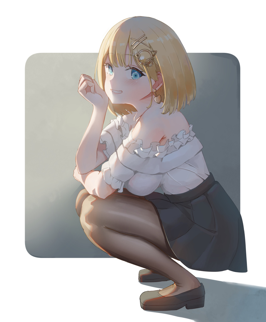 1girl :d absurdres arm_rest bangs black_footwear black_legwear black_skirt blonde_hair blue_eyes breasts commentary earrings frilled_shirt frills hair_ornament hairclip head_rest heart heart_earrings highres hololive hololive_english jewelry john5642841 light_blush looking_at_viewer mary_janes medium_breasts medium_hair monocle monocle_hair_ornament off-shoulder_shirt off_shoulder open_mouth pantyhose pleated_skirt shadow shirt shoes short_sleeves skirt smile solo squatting virtual_youtuber watson_amelia white_shirt x_hair_ornament
